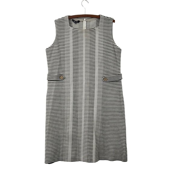 Misook Black White Beige Striped Gold Button Detail Sleeveless Sheath Dress L - Picture 1 of 5